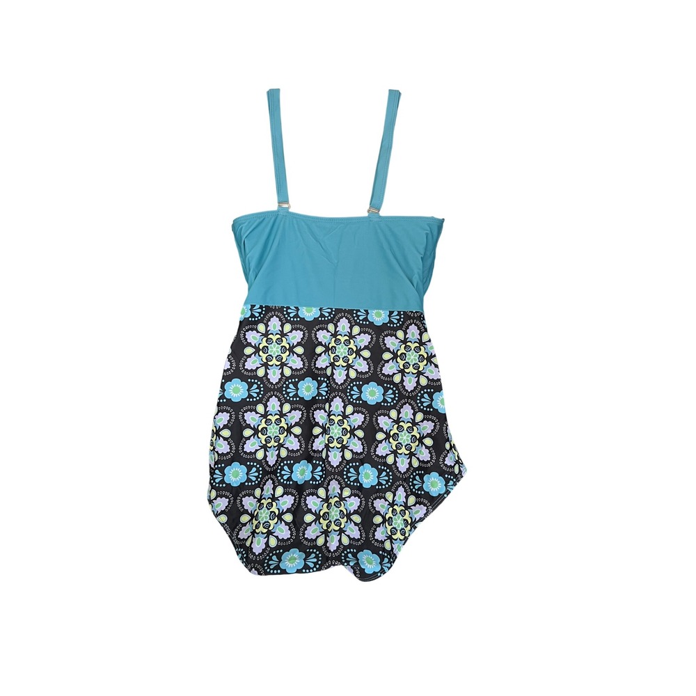 Unbranded Teal Floral Mandala One Piece Swimsuit XL Cross Front Ruched Swimwear - Picture 2 of 4